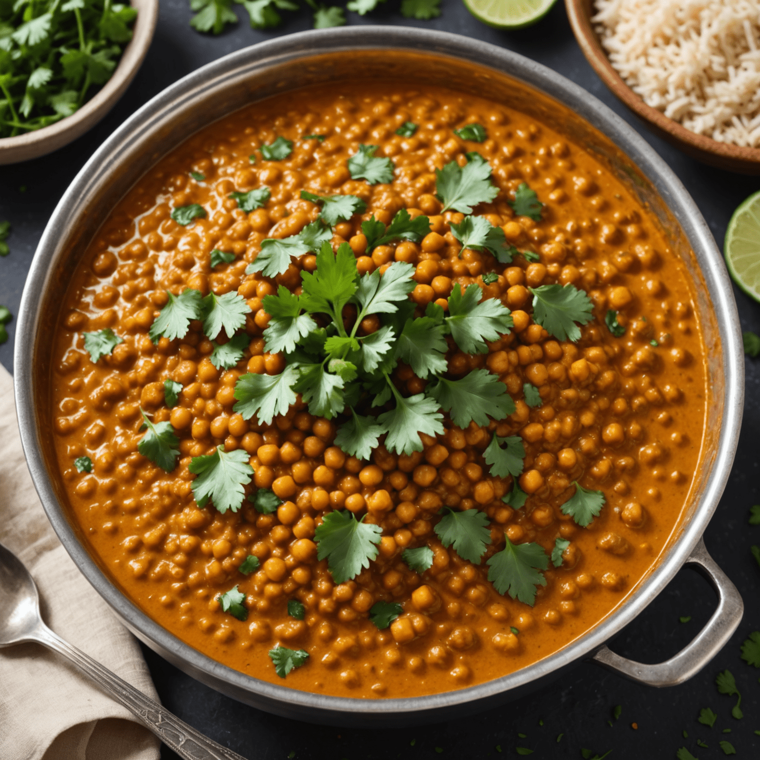 Fűszeres, aranybarna lencse curry friss korianderlevelekkel díszítve, egy nagy tálban szervírozva.