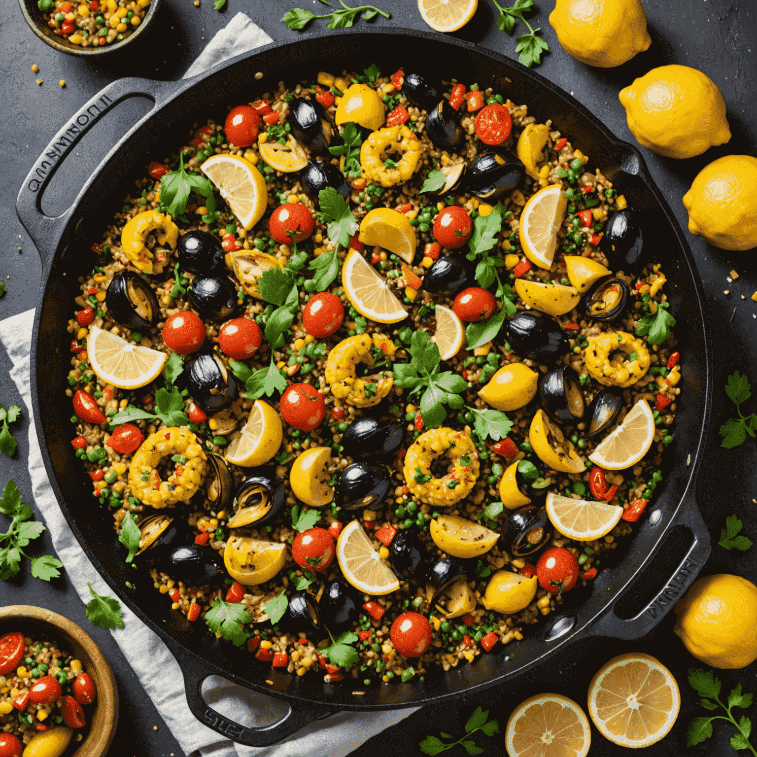 Színes quinoa 'paella' tele grillezett zöldségekkel és citromgerezdekkel egy nagy serpenyőben tálalva.